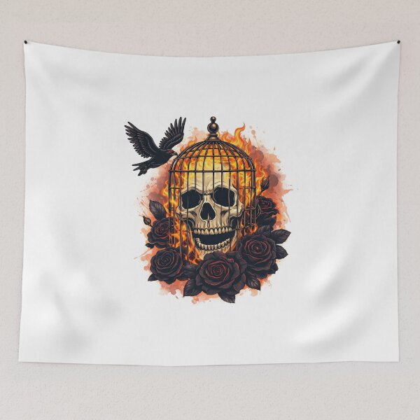 Item preview, Flaming caged skull designed and sold by greedypotatoes.
