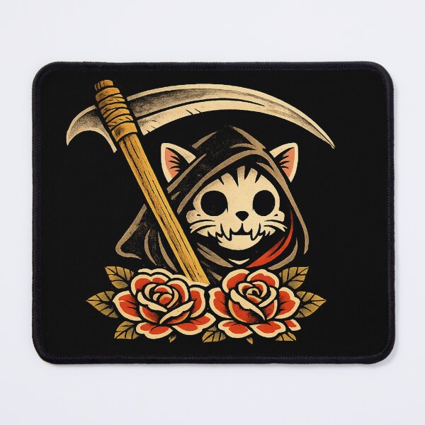 Item preview, Grim Reaper Cat with Roses – Vintage Tattoo Style Cat Art designed and sold by Southern Gothic Horror .