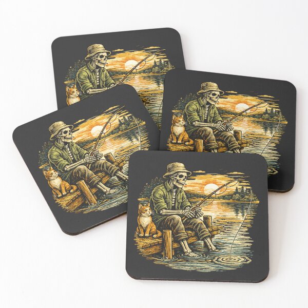 Item preview, Peaceful Fishing Skeleton – Vintage Skeleton Fisherman with Cat designed and sold by ColorSplash123.
