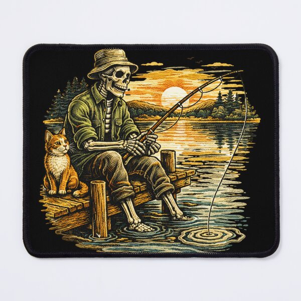Item preview, Peaceful Fishing Skeleton – Vintage Skeleton Fisherman with Cat designed and sold by ColorSplash123.
