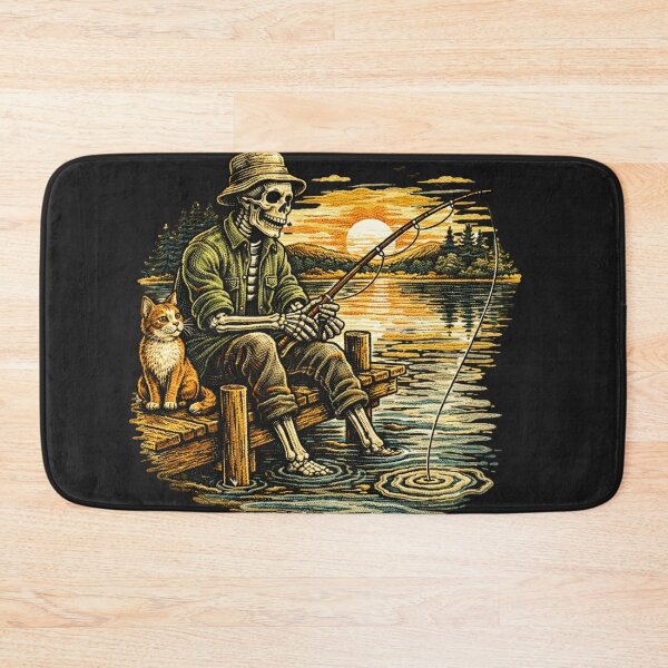Item preview, Peaceful Fishing Skeleton – Vintage Skeleton Fisherman with Cat designed and sold by ColorSplash123.