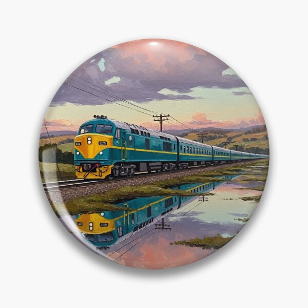Item preview, Classic Teal Passenger Train at Sunset – Expressive Oil Painting Landscape designed and sold by avwear.