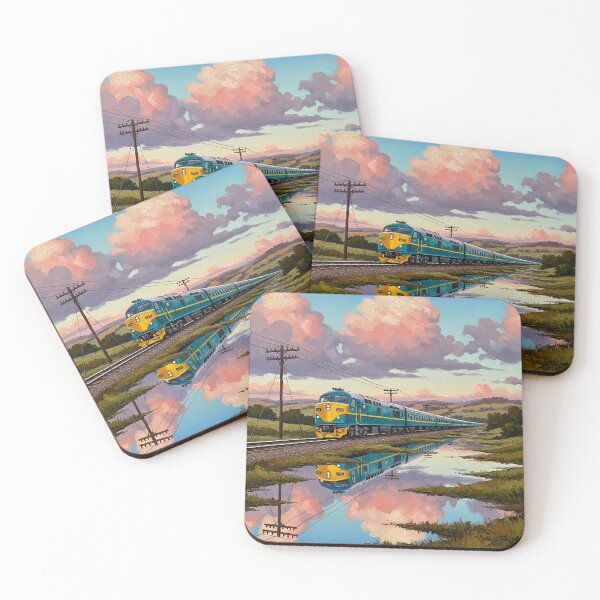 Item preview, Classic Teal Passenger Train at Sunset – Expressive Oil Painting Landscape designed and sold by avwear.