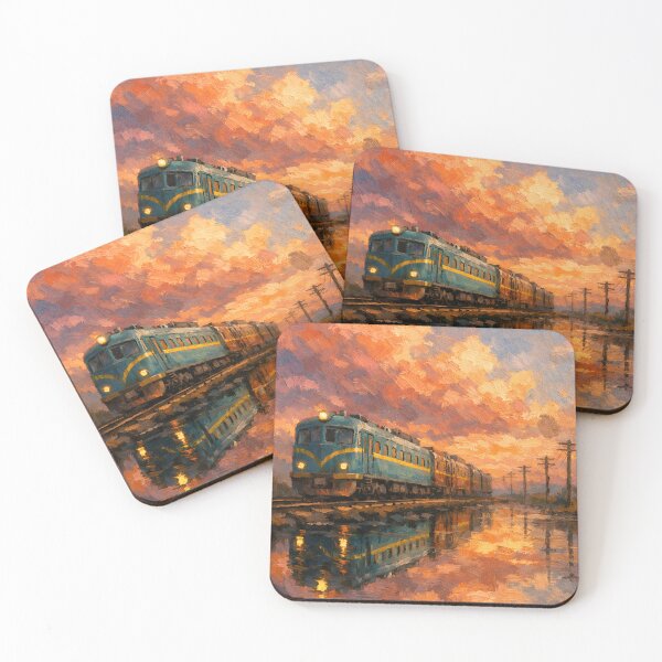 Item preview, Classic Teal Passenger Train at Sunset Reflection – Expressive Oil Painting Landscape designed and sold by avwear.