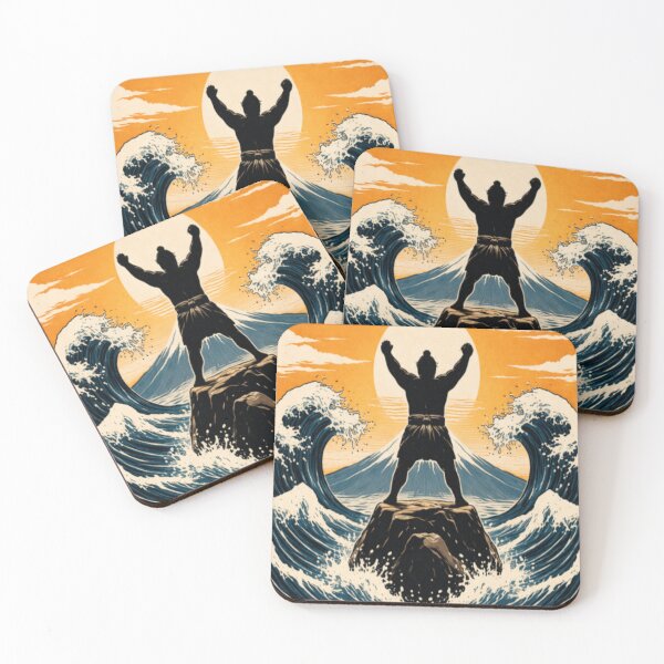 Item preview, Sumo Victory Silhouette – Great Wave & Mt. Fuji Ukiyo-e Power Print designed and sold by ArtFreshStudio.
