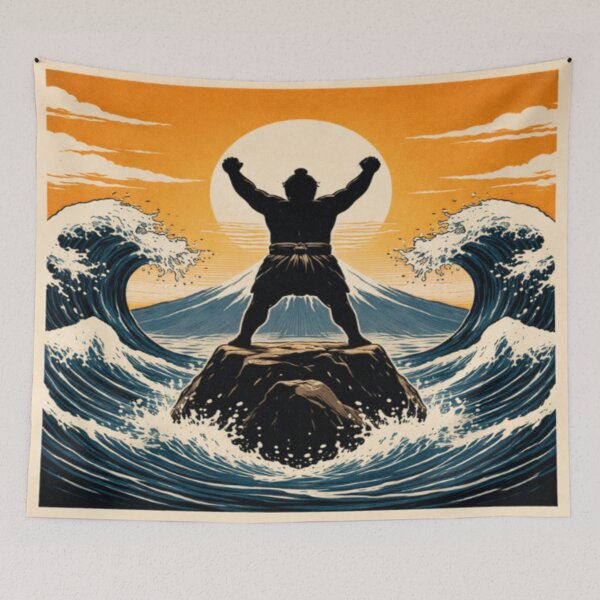 Item preview, Sumo Victory Silhouette – Great Wave & Mt. Fuji Ukiyo-e Power Print designed and sold by ArtFreshStudio.