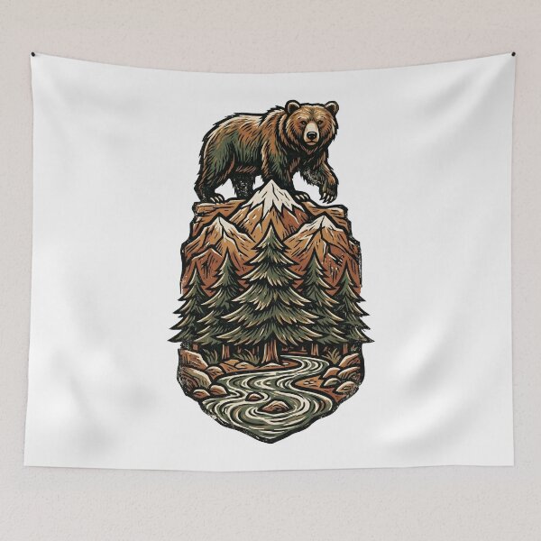 Item preview, Majestic Bear on Mountain Peak Woodcut Illustration designed and sold by Clay Artista.