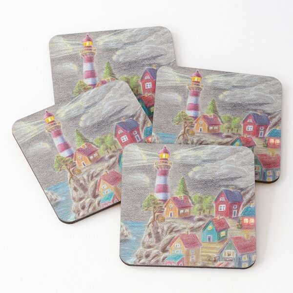 Item preview, Cozy Lighthouse Village at Twilight – Whimsical Coastal Art designed and sold by LilSugarMouse.