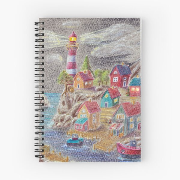 Item preview, Cozy Lighthouse Village at Twilight – Whimsical Coastal Art designed and sold by LilSugarMouse.