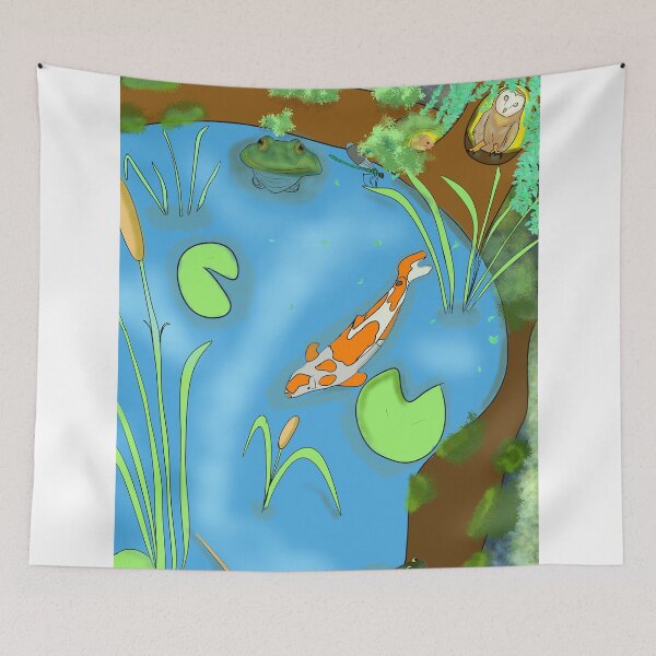 Item preview, Cozy Pond Ecosystem Illustration – Koi, Frogs & Forest Animals” designed and sold by Giesearthouse.