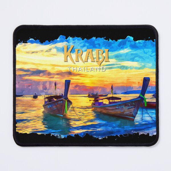 Item preview, Krabi Thailand Sunset – Longtail Boats Tropical Beach Watercolor Illustration designed and sold by ArcticFoxStudio.