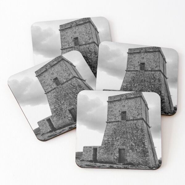 Item preview, Old Stone Watchtower on Rocky Coastline in Moody Black and White Landscape Photography designed and sold by Nmallia.
