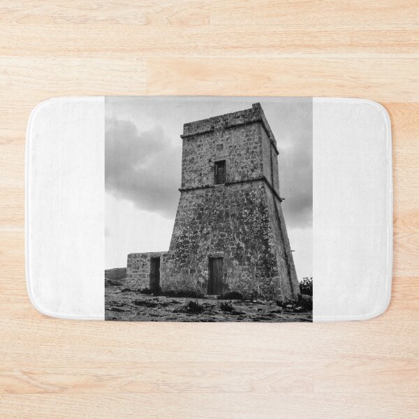 Item preview, Old Stone Watchtower on Rocky Coastline in Moody Black and White Landscape Photography designed and sold by Nmallia.