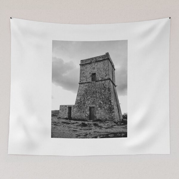 Item preview, Old Stone Watchtower on Rocky Coastline in Moody Black and White Landscape Photography designed and sold by Nmallia.