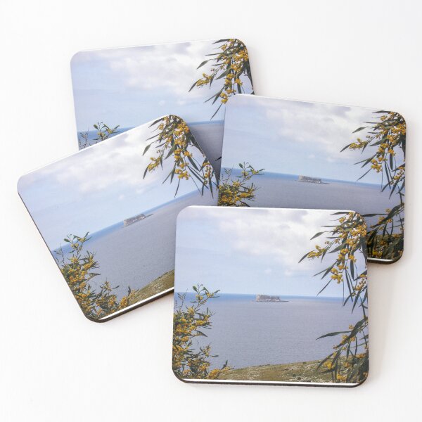 Item preview, Island Sea View Framed by Yellow Mimosa Flowers Over Calm Coastal Waters and Rocky Islet designed and sold by Nmallia.