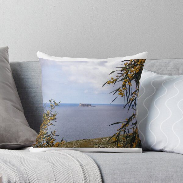 Item preview, Island Sea View Framed by Yellow Mimosa Flowers Over Calm Coastal Waters and Rocky Islet designed and sold by Nmallia.