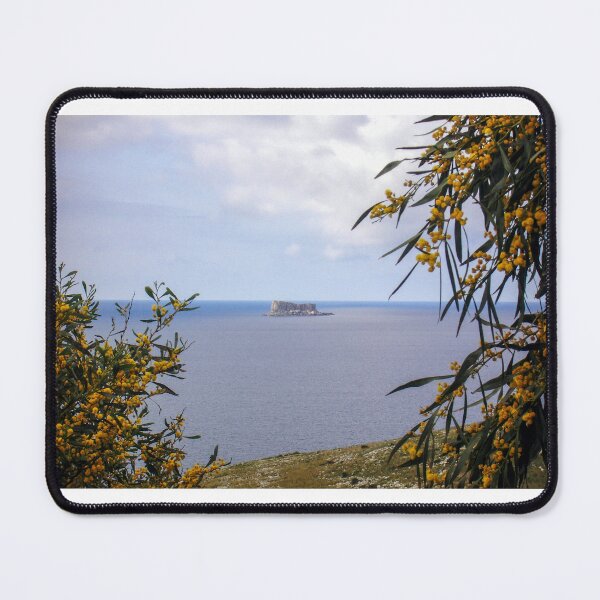 Item preview, Island Sea View Framed by Yellow Mimosa Flowers Over Calm Coastal Waters and Rocky Islet designed and sold by Nmallia.