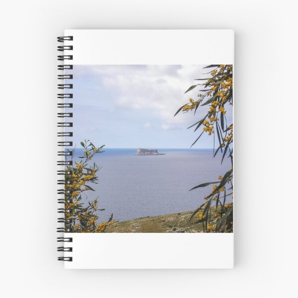 Item preview, Island Sea View Framed by Yellow Mimosa Flowers Over Calm Coastal Waters and Rocky Islet designed and sold by Nmallia.