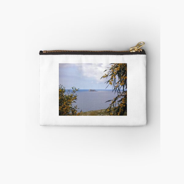 Item preview, Island Sea View Framed by Yellow Mimosa Flowers Over Calm Coastal Waters and Rocky Islet designed and sold by Nmallia.