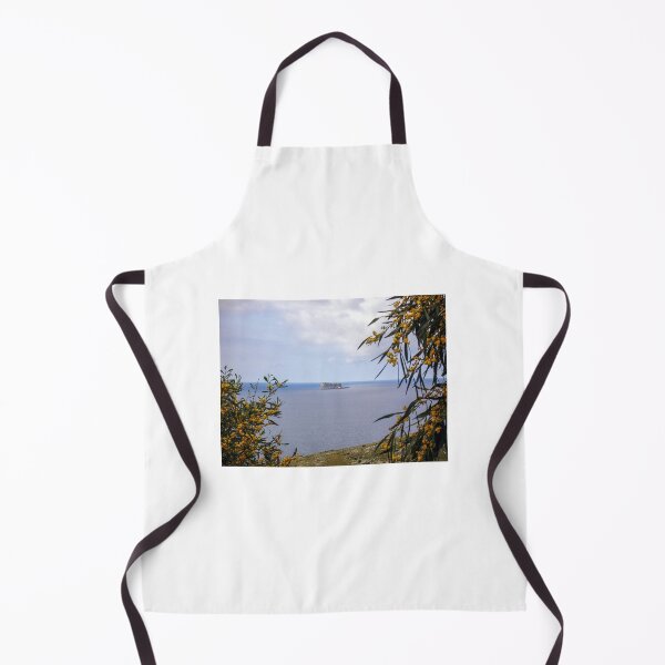 Item preview, Island Sea View Framed by Yellow Mimosa Flowers Over Calm Coastal Waters and Rocky Islet designed and sold by Nmallia.