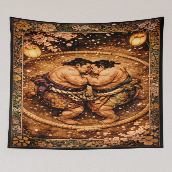 Item preview, Sumo Clash at Dawn – Cherry Blossom Dohyo Ukiyo-e Fine Art Print designed and sold by ArtFreshStudio.