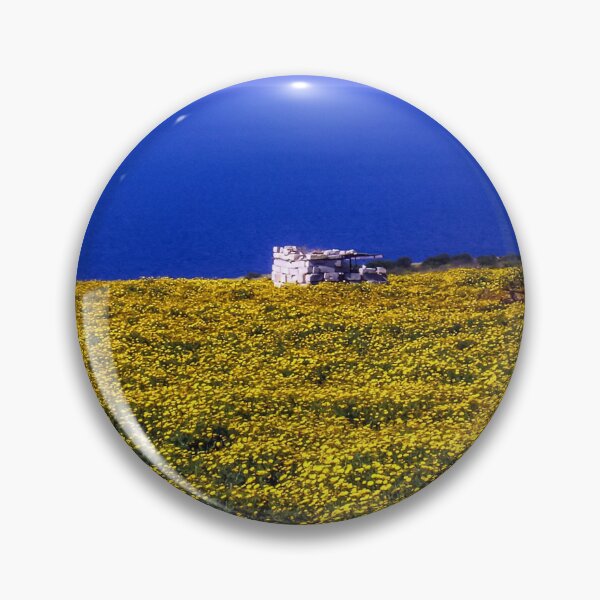 Item preview, Yellow Wildflower Field Overlooking Blue Sea With Small Stone Shelter On Coastal Horizon designed and sold by Nmallia.