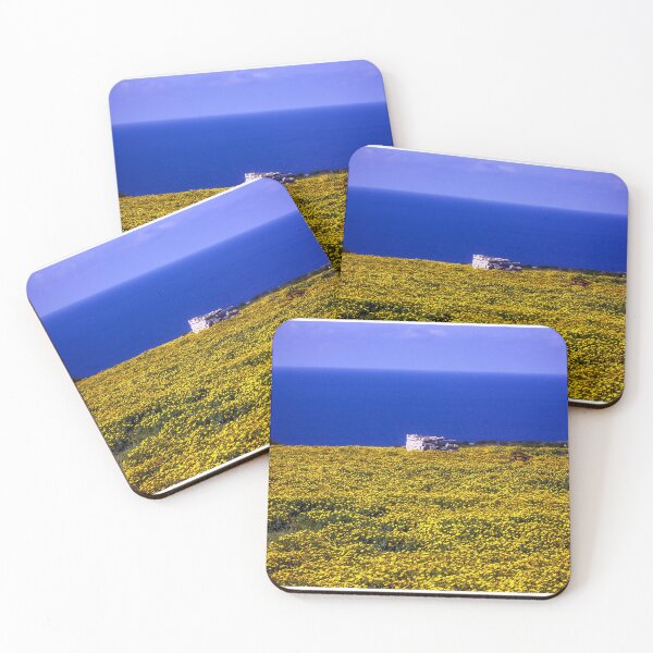 Item preview, Yellow Wildflower Field Overlooking Blue Sea With Small Stone Shelter On Coastal Horizon designed and sold by Nmallia.