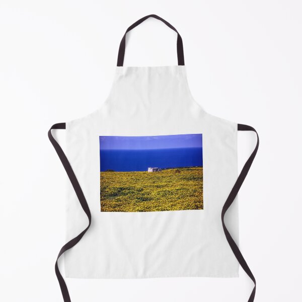 Item preview, Yellow Wildflower Field Overlooking Blue Sea With Small Stone Shelter On Coastal Horizon designed and sold by Nmallia.