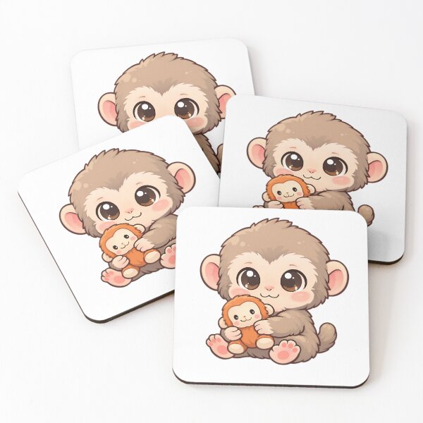 Item preview, Cute Baby Monkey With Plush Toy Kawaii Animal Meme Sticker & T-Shirt designed and sold by Mandardesigns09.