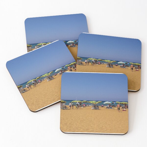 Item preview, Crowded Sandy Beach With Colorful Umbrellas Along Mediterranean Coastline On Sunny Summer Day designed and sold by Nmallia.