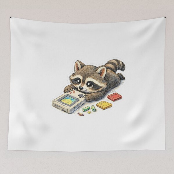 Item preview, Cute Raccoon Playing Retro Handheld Console – 90s Nostalgia Sticker Illustration designed and sold by Felixuss.