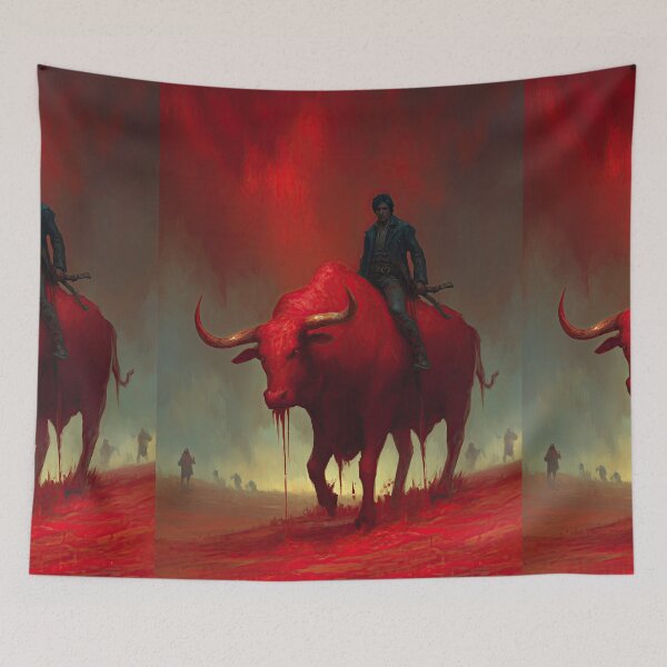 Item preview, Surreal Red Bull with Rider in Fog designed and sold by Piotrek0001.
