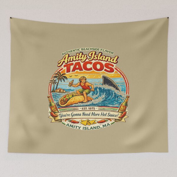 Item preview, Amity Island Tacos Vintage Surf Taco Shirt Funny Shark Movie Parody Retro Beach Food design.  designed and sold by GhostDawgs.
