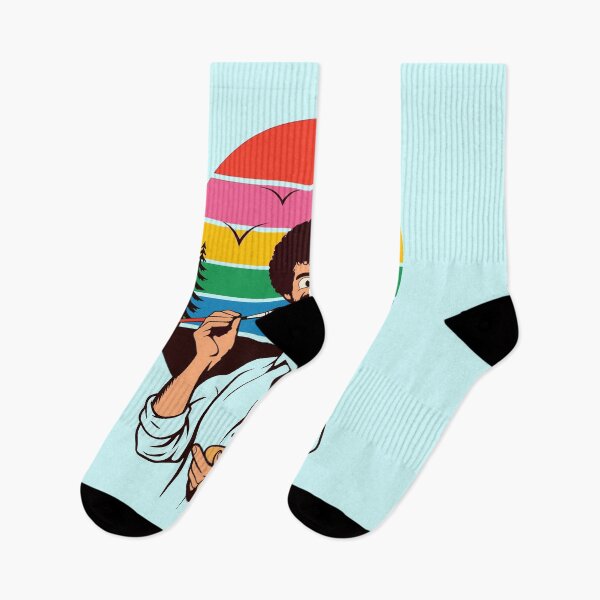 Item preview, Happy Bob Ross with Retro Rainbow Sunset Art designed and sold by Mystikos Art.