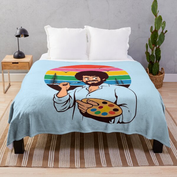 Item preview, Happy Bob Ross with Retro Rainbow Sunset Art designed and sold by Mystikos Art.