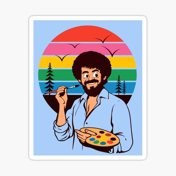 Item preview, Happy Bob Ross with Retro Rainbow Sunset Art designed and sold by Mystikos Art.