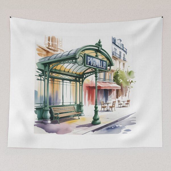Item preview, Pigalle Paris Metro Entrance – Vintage Art Nouveau Subway Station Watercolor Illustration designed and sold by ArcticFoxStudio.