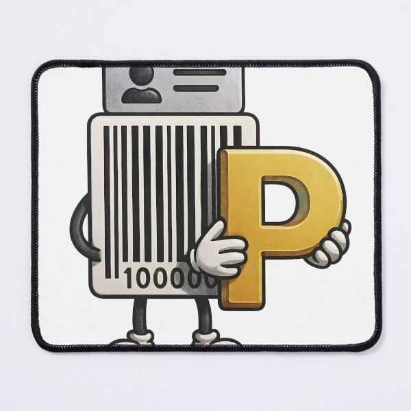Item preview, Friendly barcode character holding golden letter P designed and sold by Creative88Art.