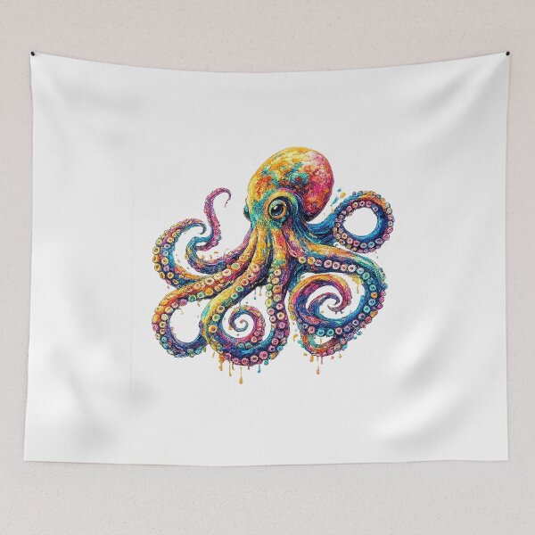 Artikelvorschau, Farbenfroher, psychedelischer Oktopus – Leuchtende Regenbogen-Ozeankunst, abstrakte Meereskreaturen-Illustration entworfen und verkauft von art2print.