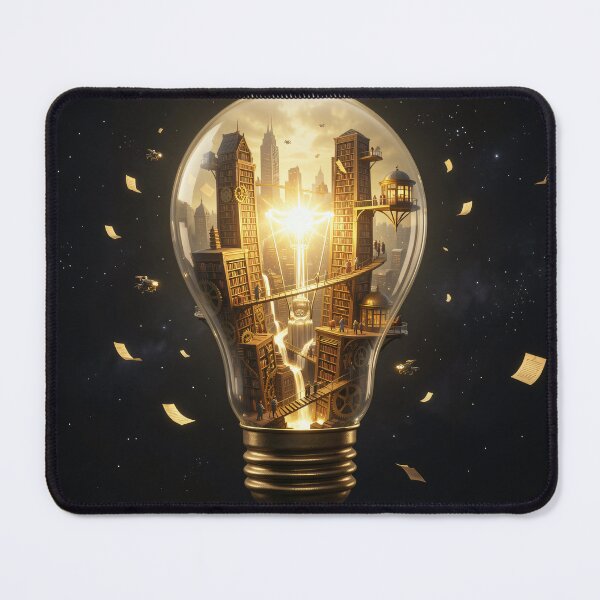 Item preview, Surreal Miniature Library Universe Inside a Lightbulb - Steampunk Fantasy Art designed and sold by VibeByJossef.