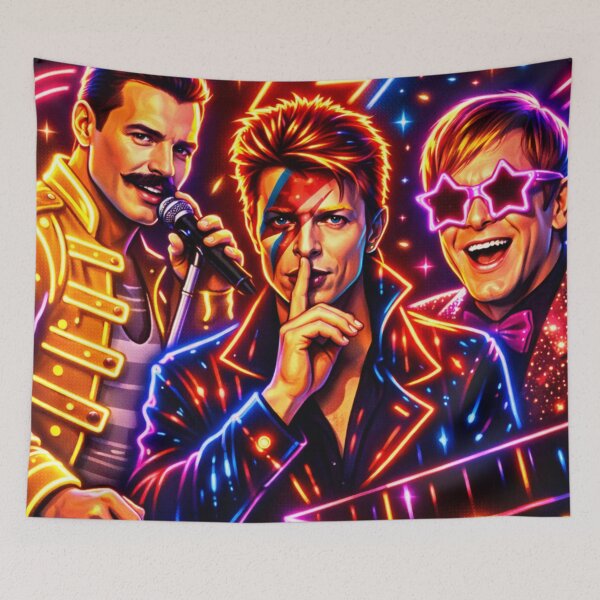 Item preview, Freddie Mercury David Bowie Elton John Neon Legends Rock Pop Icon Tribute Graphic Shirt designed and sold by SHOCAMPOS DESIGNS .