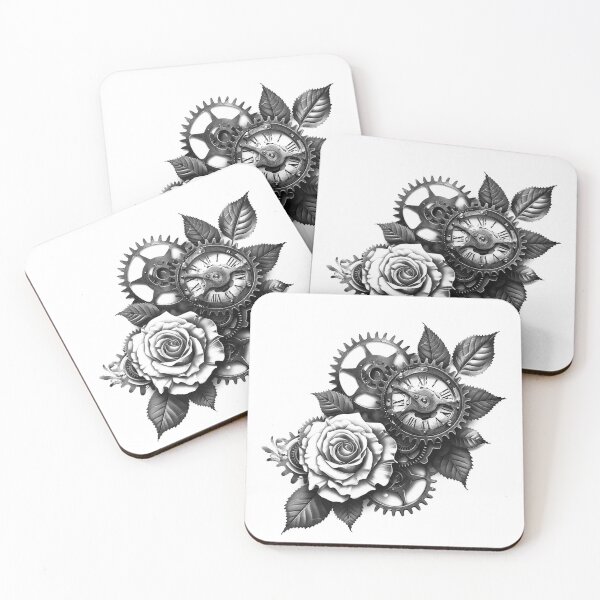 Item preview, Steampunk Rose Clockwork Floral Design in Black and White designed and sold by inkoutninja.
