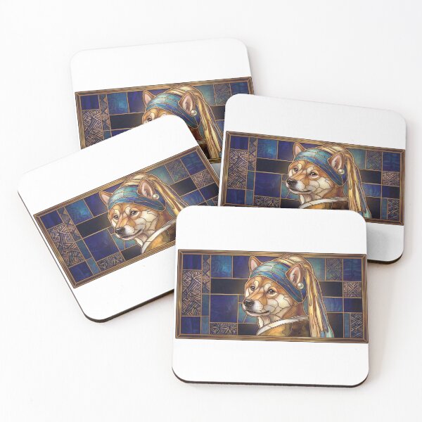 Item preview, Shiba Inu Stained Glass Art | Girl with a Pearl Earring Inspired Dog Portrait | Art Nouveau Japanese Shiba Illustration designed and sold by ShibaSmileClub.