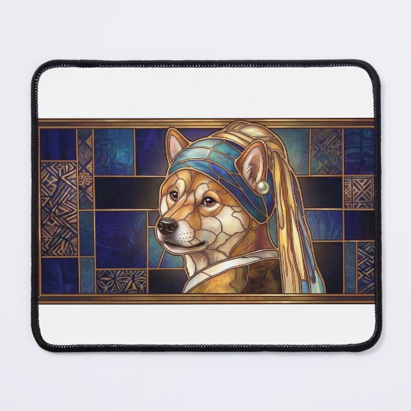 Item preview, Shiba Inu Stained Glass Art | Girl with a Pearl Earring Inspired Dog Portrait | Art Nouveau Japanese Shiba Illustration designed and sold by ShibaSmileClub.