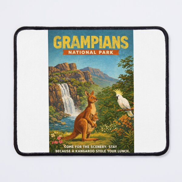 Item preview, Grampians National Park Victoria with Mackenzie Falls Grampians Ranges Kangaroo and Sulphur Crested Cockatoo designed and sold by Places On Earth.