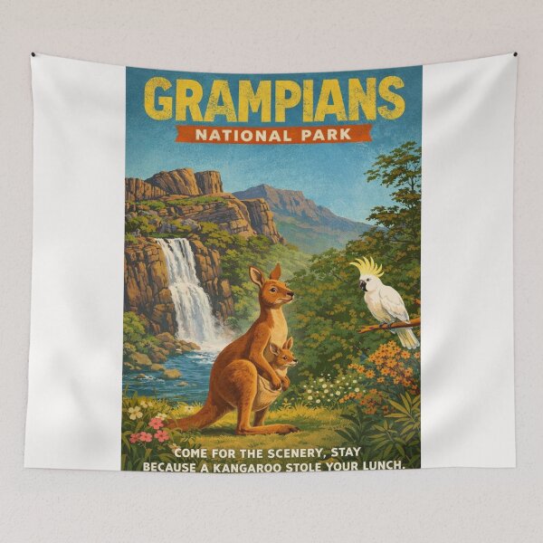 Item preview, Grampians National Park Victoria with Mackenzie Falls Grampians Ranges Kangaroo and Sulphur Crested Cockatoo designed and sold by Places On Earth.