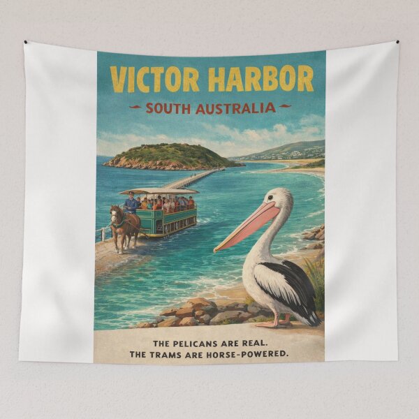 Item preview, Victor Harbor South Australia Granite Island Causeway with Horse Drawn Tram and Pelican designed and sold by Places On Earth.