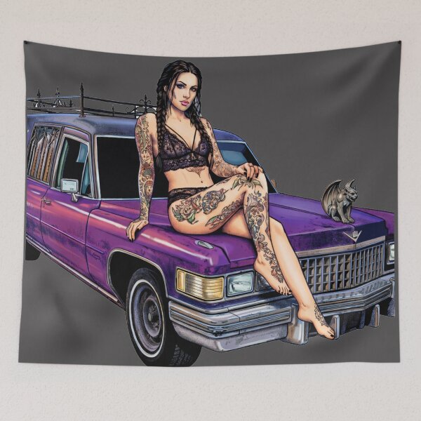 Item preview, Tattooed Gothic Woman on Purple Hearse designed and sold by Shirtaholism.