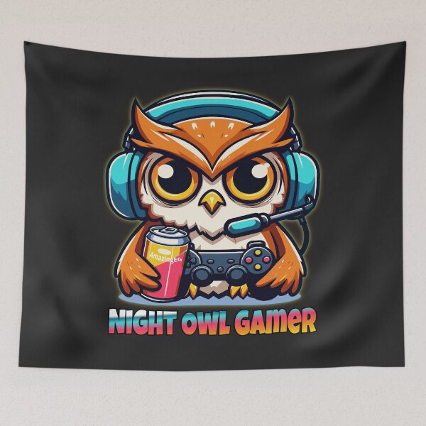 Item preview, Night Owl Gamer Funny Gaming Mascot with Energy Drink designed and sold by AmazingEG.