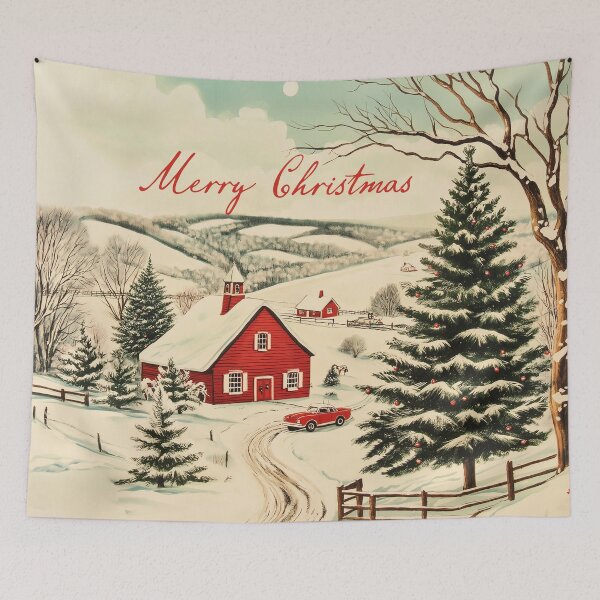 Item preview, Merry Christmas Vintage Style Red Barn Winter Farm Scene designed and sold by TheBohemianLark.